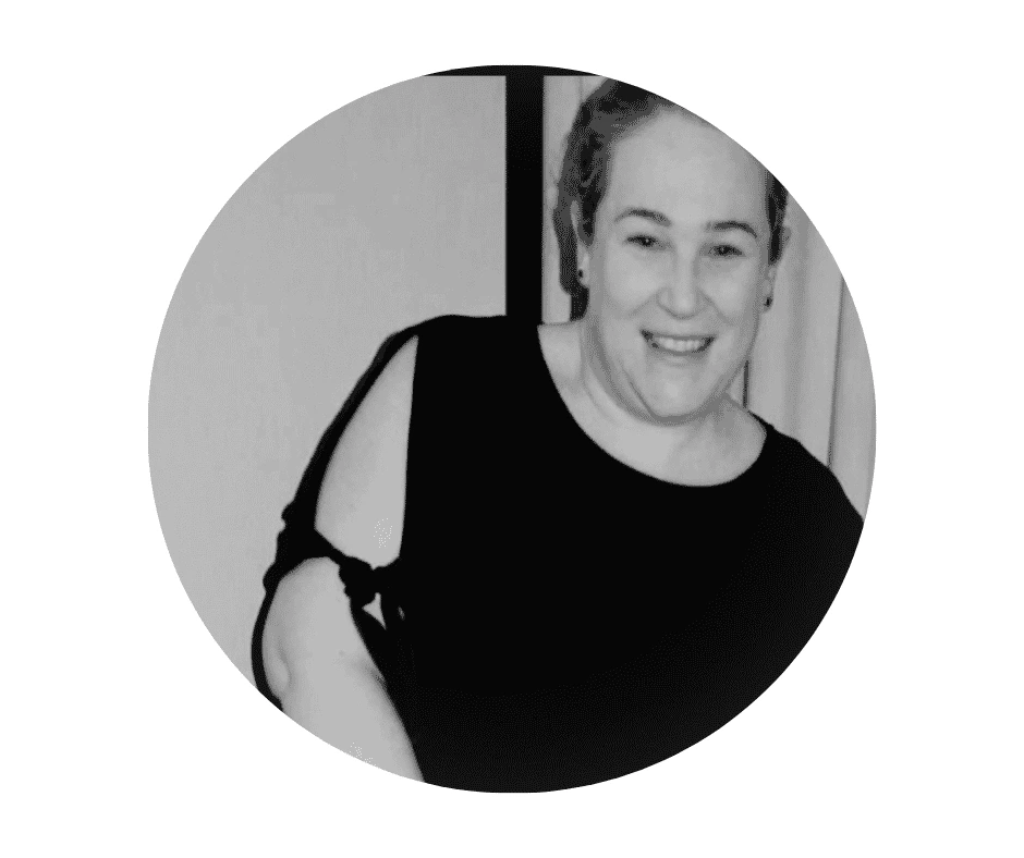 A Cherished Cherubs Babysitter with light hair, wearing a black top with cut-out sleeves, smiles at the camera in a black-and-white photo with a circular frame, capturing the warmth and joy of Cherished Cherubs.
